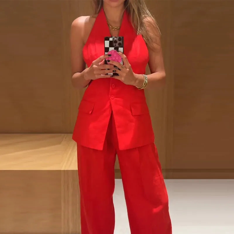 Elegant Halter Vest Pants Sets Women Slim Single Breasted Backless Sleeveless Pleated Wide Leg Pant 2025 Summer Lady Office Suit