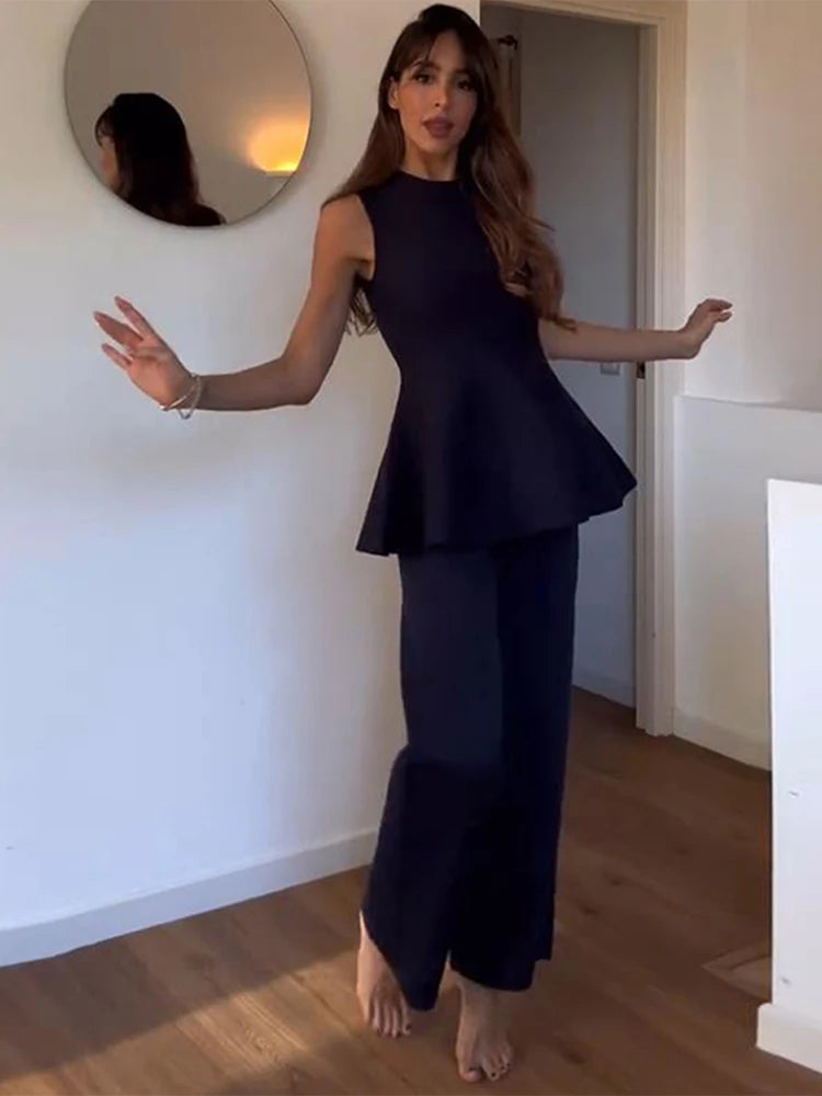 Knit Vest Pants Sets Women Elegant O-neck Slim Ruffles Tank Tops High Waist Flare Pant 2025 Chic All Season Office Lady Outfits