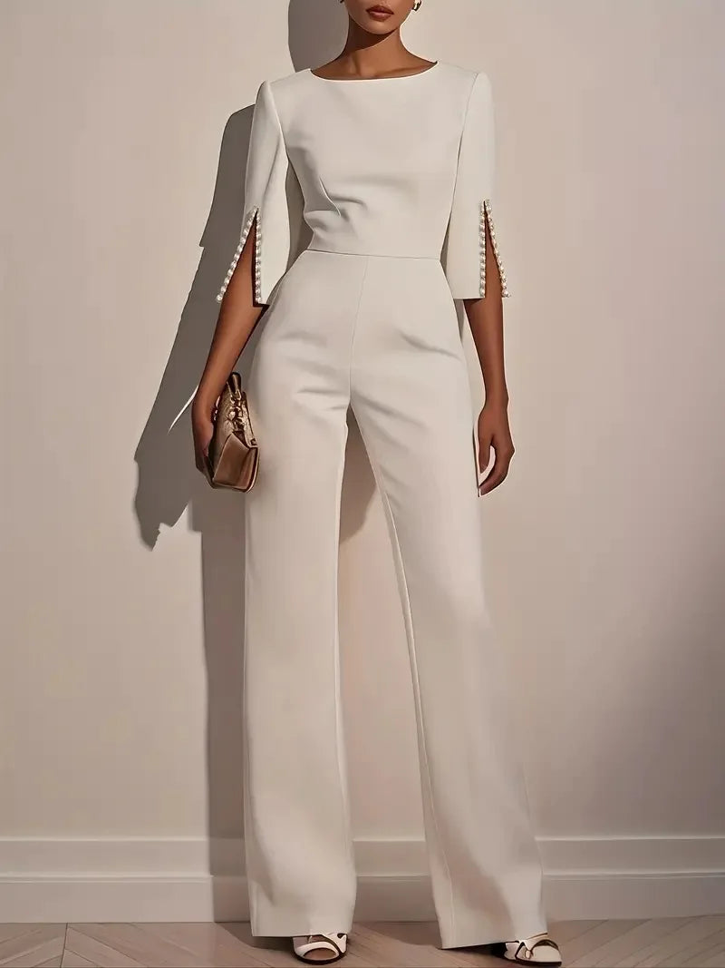 Spring And Summer Solid Color Nail Bead Decoration Slim Fitting Jumpsuit Elegant Womens Seven Quarter Sleeve Round Neck Jumpsuit