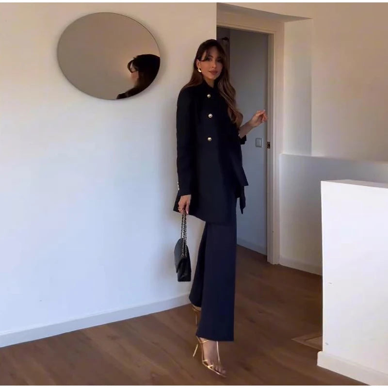 Knit Vest Pants Sets Women Elegant O-neck Slim Ruffles Tank Tops High Waist Flare Pant 2025 Chic All Season Office Lady Outfits
