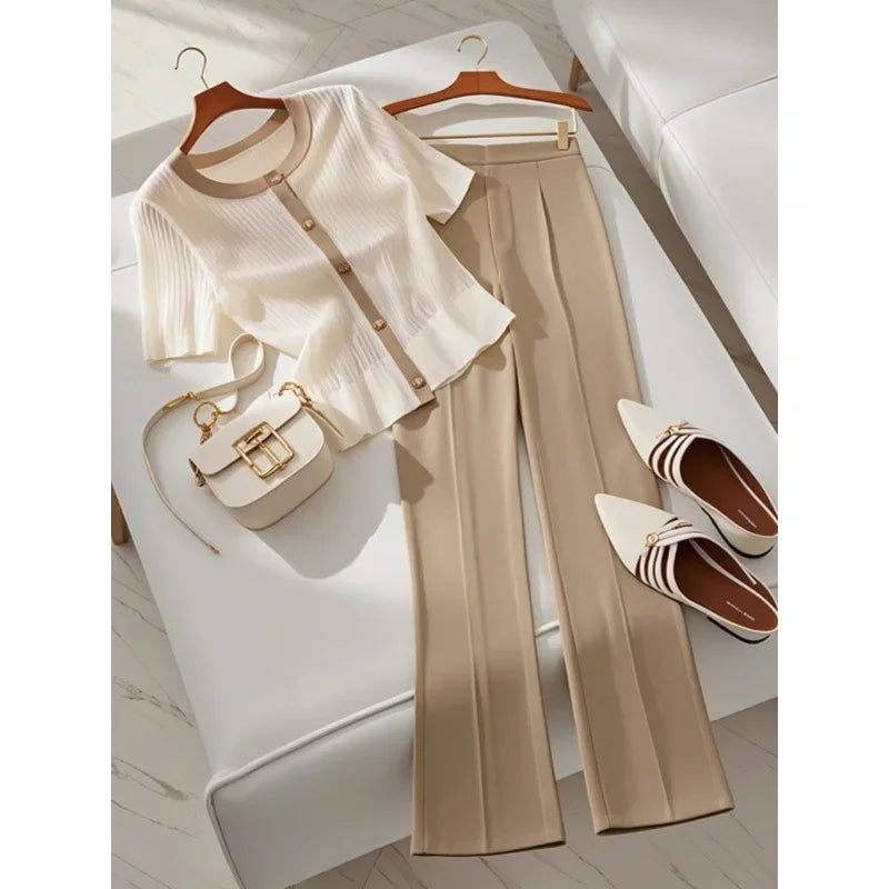 Stylish Slimming Tweed Suit Top And Pants 2-Piece Set Women's Fashionable Summer Outfit Unique Sensibility Design