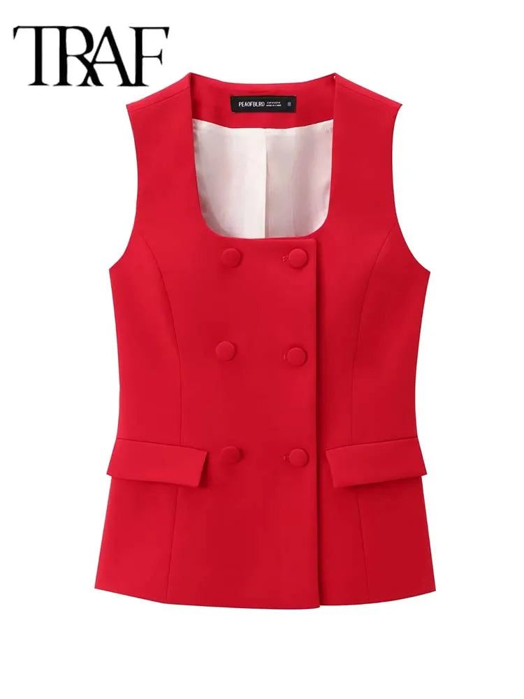 TRAF Women 2 Pieces Sets New Fashion Office Vest Top+Split Straight Leg Pants Women's Suit Formal Two Piece Set Women Outfit