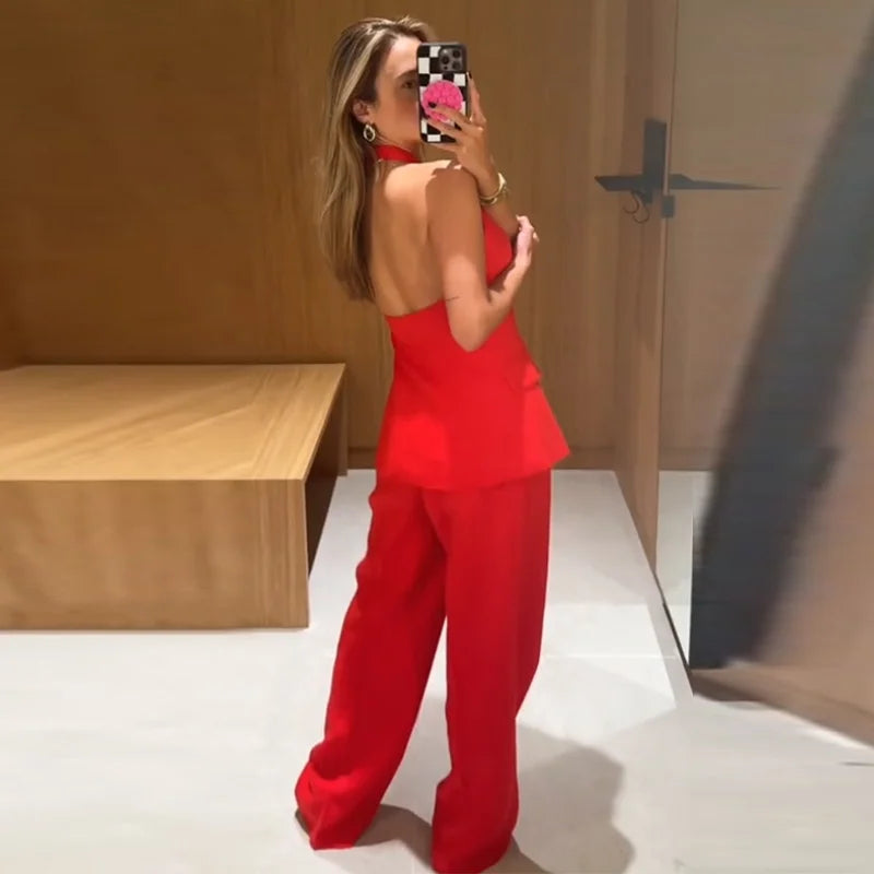 Elegant Halter Vest Pants Sets Women Slim Single Breasted Backless Sleeveless Pleated Wide Leg Pant 2025 Summer Lady Office Suit