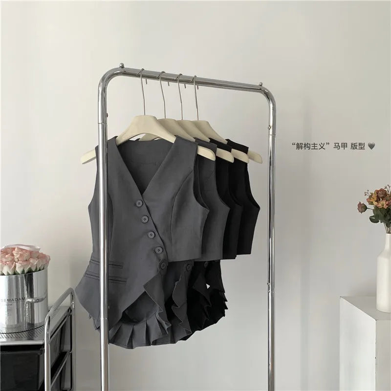 Women Vintage Aesthetic Office Lady Old Money Outfits 2 Piece Set Single-breasted Irregular Vest +  Solid Baggy Wide Leg Pants