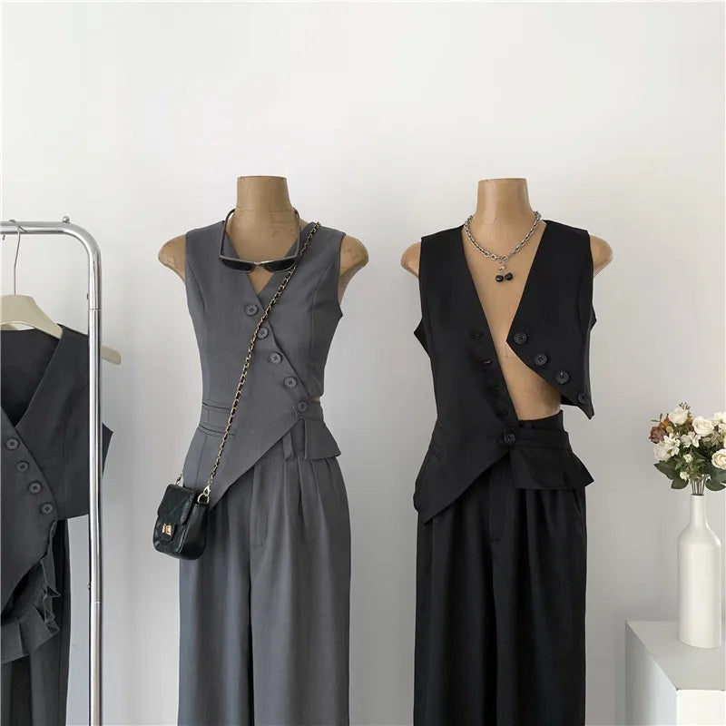 Women Vintage Aesthetic Office Lady Old Money Outfits 2 Piece Set Single-breasted Irregular Vest +  Solid Baggy Wide Leg Pants