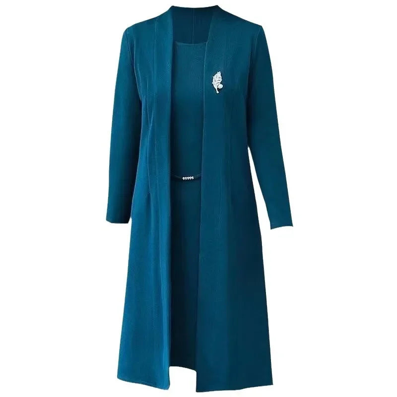 Spring Autumn Two-Piece Set Women's Mid-Aged Mommy Dress Elegant New Style Windbreaker Jacket Female Fashionable Outfit