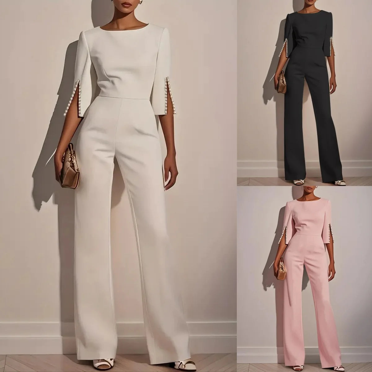 Spring And Summer Solid Color Nail Bead Decoration Slim Fitting Jumpsuit Elegant Womens Seven Quarter Sleeve Round Neck Jumpsuit