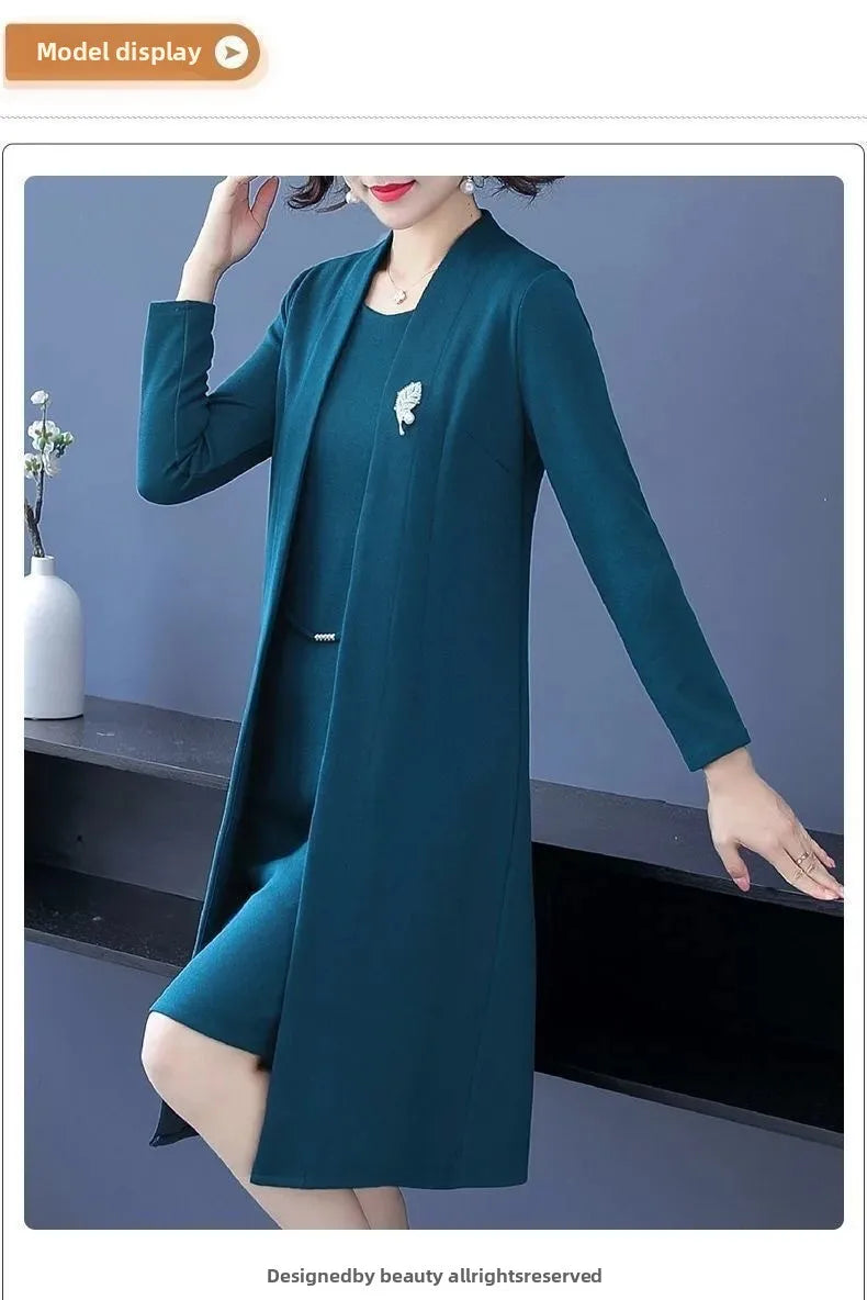 Spring Autumn Two-Piece Set Women's Mid-Aged Mommy Dress Elegant New Style Windbreaker Jacket Female Fashionable Outfit