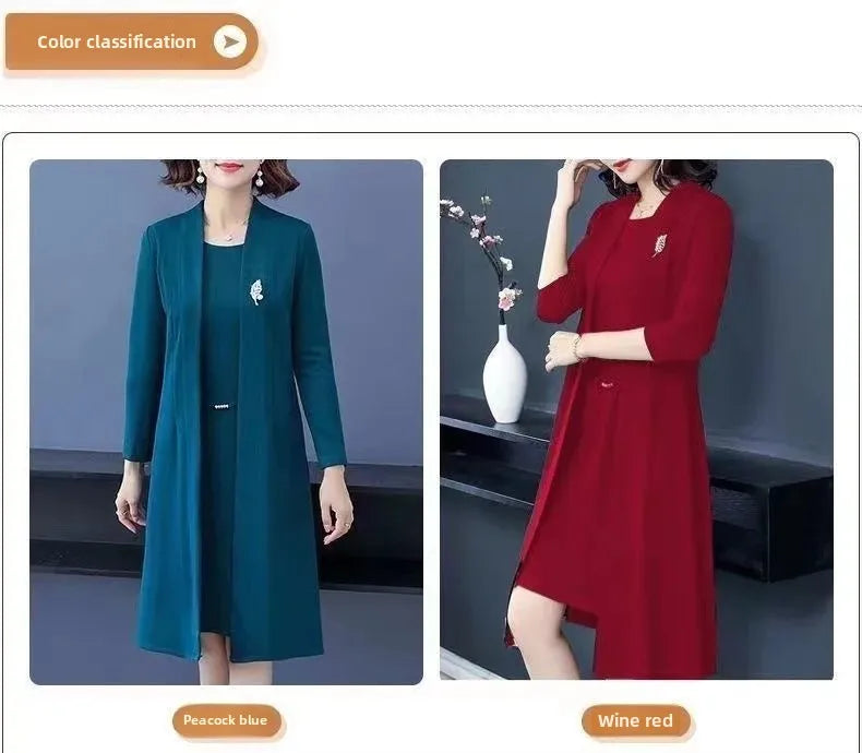 Spring Autumn Two-Piece Set Women's Mid-Aged Mommy Dress Elegant New Style Windbreaker Jacket Female Fashionable Outfit