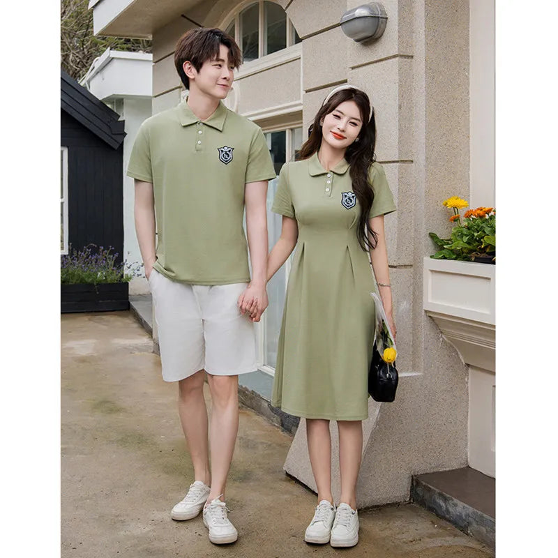 Dad and Son Matching Clothes Polo Shirts Green Mom and Daughter Girls Short Sleeve Couples Dresses 2024 Summer Family Clothing