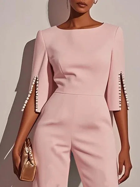 Spring And Summer Solid Color Nail Bead Decoration Slim Fitting Jumpsuit Elegant Womens Seven Quarter Sleeve Round Neck Jumpsuit