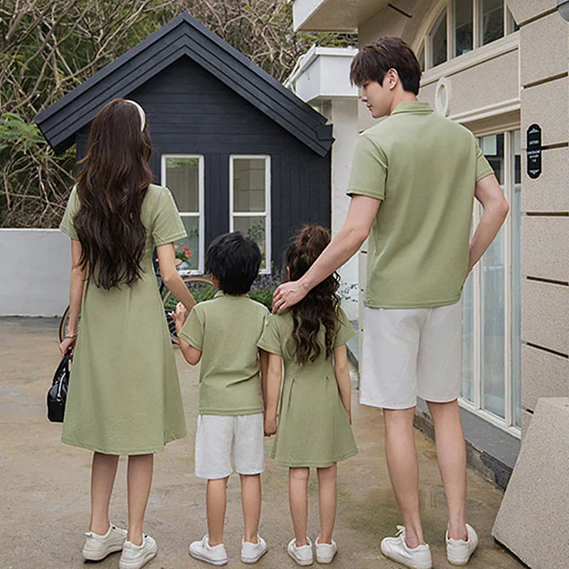 Dad and Son Matching Clothes Polo Shirts Green Mom and Daughter Girls Short Sleeve Couples Dresses 2024 Summer Family Clothing