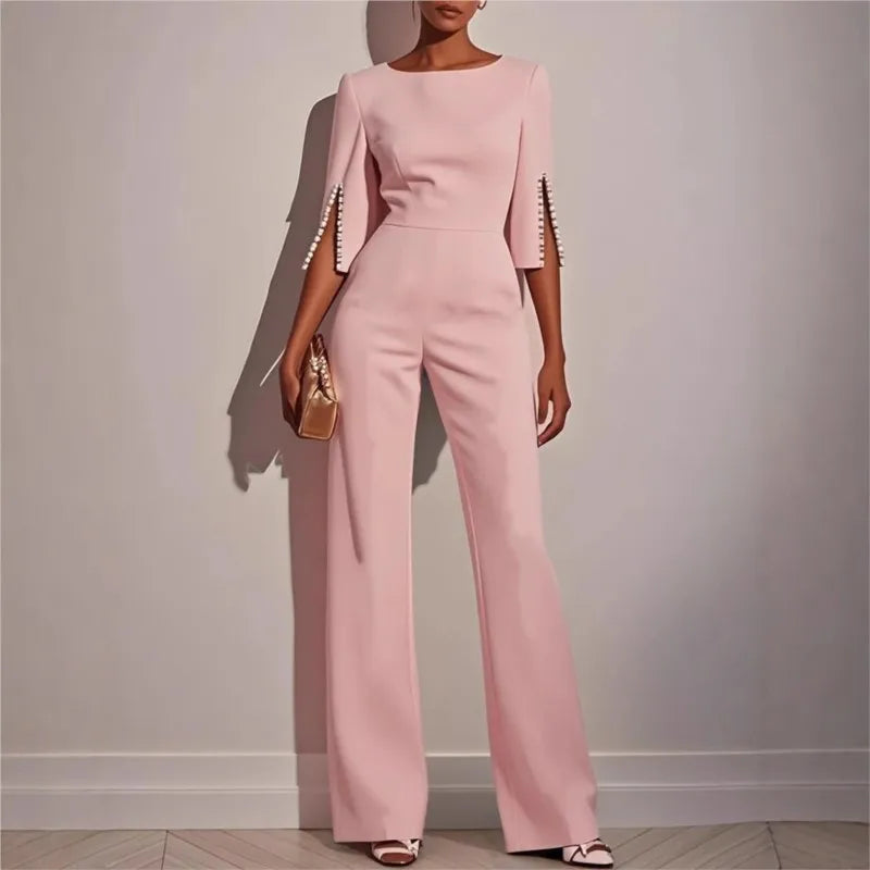 Spring And Summer Solid Color Nail Bead Decoration Slim Fitting Jumpsuit Elegant Womens Seven Quarter Sleeve Round Neck Jumpsuit