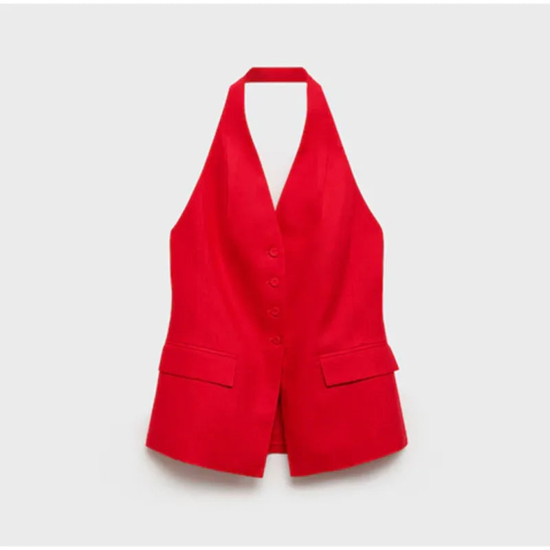 Elegant Halter Vest Pants Sets Women Slim Single Breasted Backless Sleeveless Pleated Wide Leg Pant 2025 Summer Lady Office Suit