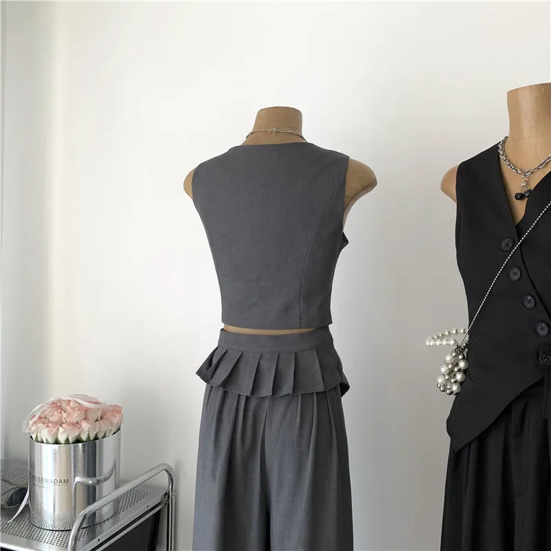 Women Vintage Aesthetic Office Lady Old Money Outfits 2 Piece Set Single-breasted Irregular Vest +  Solid Baggy Wide Leg Pants