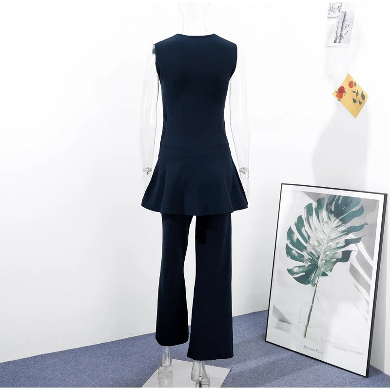 Knit Vest Pants Sets Women Elegant O-neck Slim Ruffles Tank Tops High Waist Flare Pant 2025 Chic All Season Office Lady Outfits