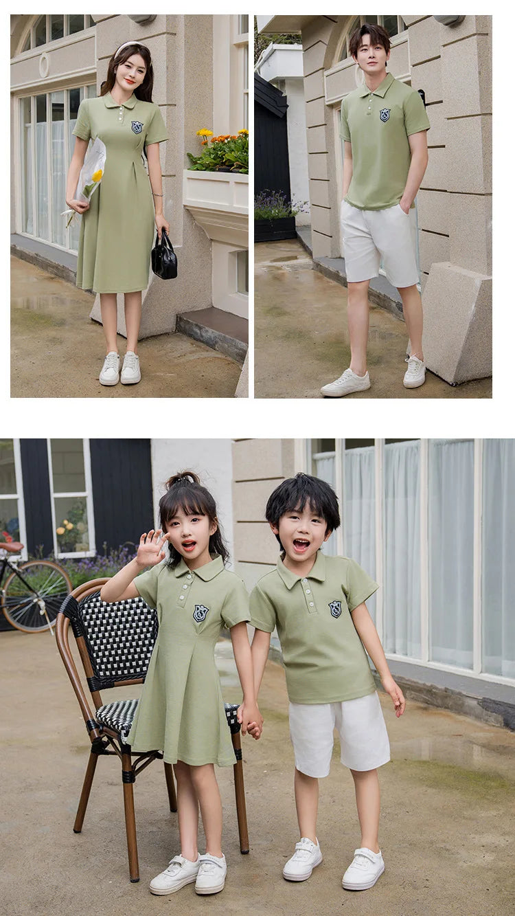Dad and Son Matching Clothes Polo Shirts Green Mom and Daughter Girls Short Sleeve Couples Dresses 2024 Summer Family Clothing