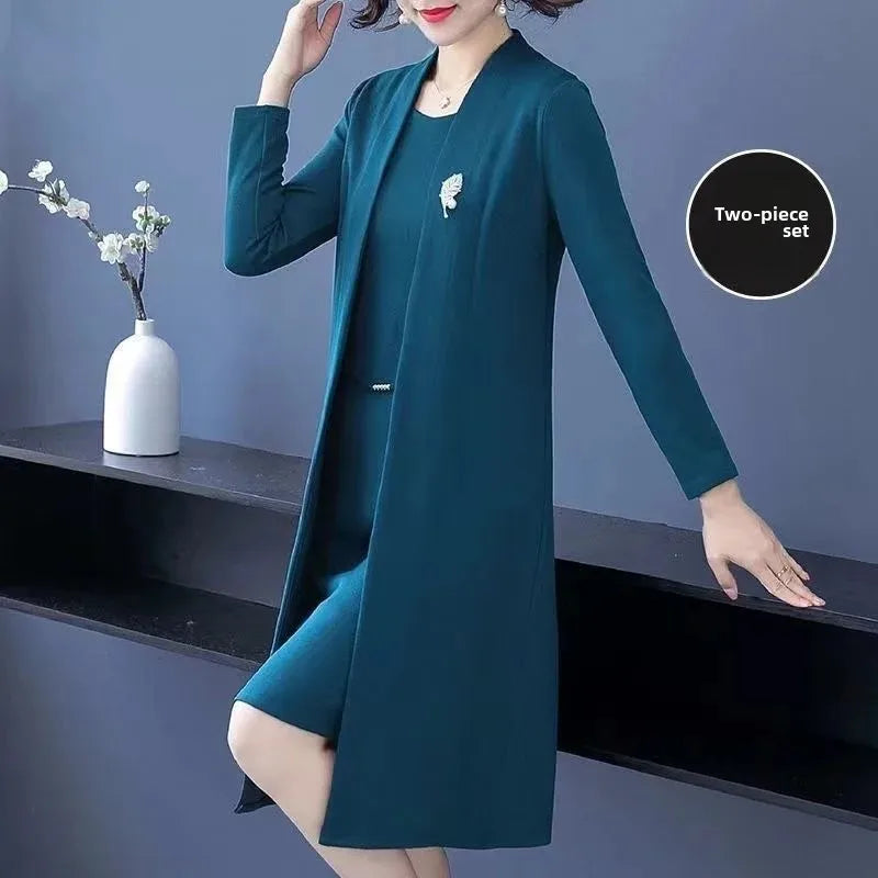 Spring Autumn Two-Piece Set Women's Mid-Aged Mommy Dress Elegant New Style Windbreaker Jacket Female Fashionable Outfit