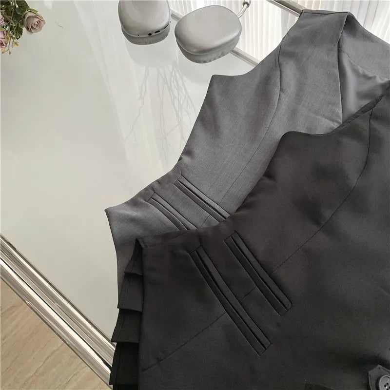 Women Vintage Aesthetic Office Lady Old Money Outfits 2 Piece Set Single-breasted Irregular Vest +  Solid Baggy Wide Leg Pants