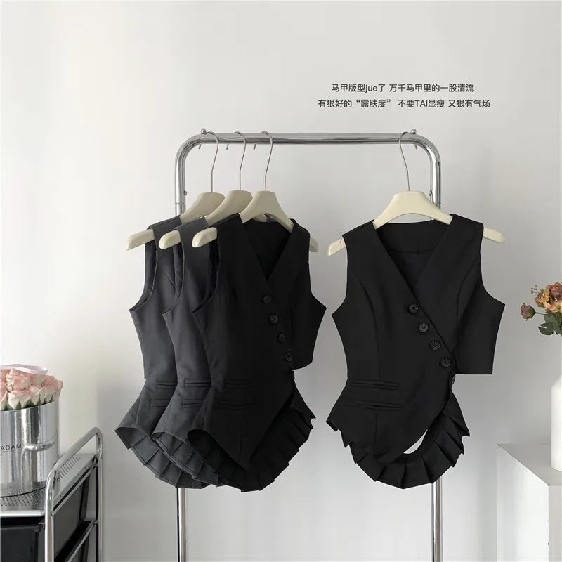 Women Vintage Aesthetic Office Lady Old Money Outfits 2 Piece Set Single-breasted Irregular Vest +  Solid Baggy Wide Leg Pants