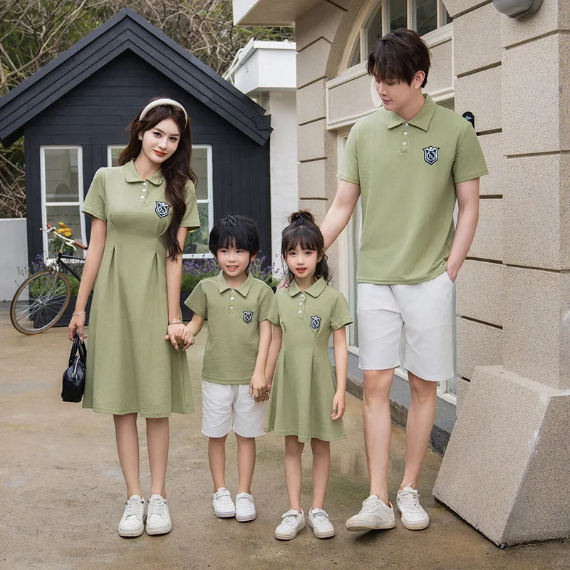 Dad and Son Matching Clothes Polo Shirts Green Mom and Daughter Girls Short Sleeve Couples Dresses 2024 Summer Family Clothing