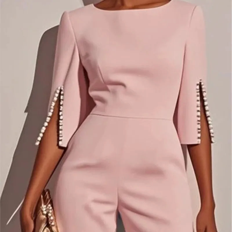 Spring And Summer Solid Color Nail Bead Decoration Slim Fitting Jumpsuit Elegant Womens Seven Quarter Sleeve Round Neck Jumpsuit