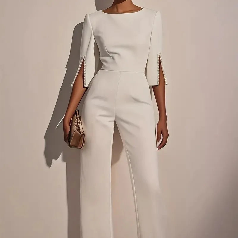 Spring And Summer Solid Color Nail Bead Decoration Slim Fitting Jumpsuit Elegant Womens Seven Quarter Sleeve Round Neck Jumpsuit