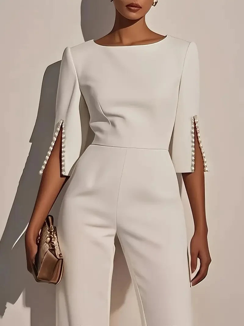 Spring And Summer Solid Color Nail Bead Decoration Slim Fitting Jumpsuit Elegant Womens Seven Quarter Sleeve Round Neck Jumpsuit