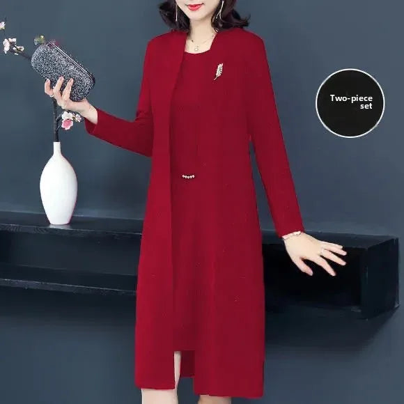 Spring Autumn Two-Piece Set Women's Mid-Aged Mommy Dress Elegant New Style Windbreaker Jacket Female Fashionable Outfit