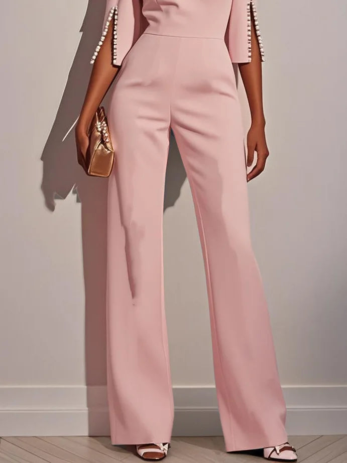 Spring And Summer Solid Color Nail Bead Decoration Slim Fitting Jumpsuit Elegant Womens Seven Quarter Sleeve Round Neck Jumpsuit