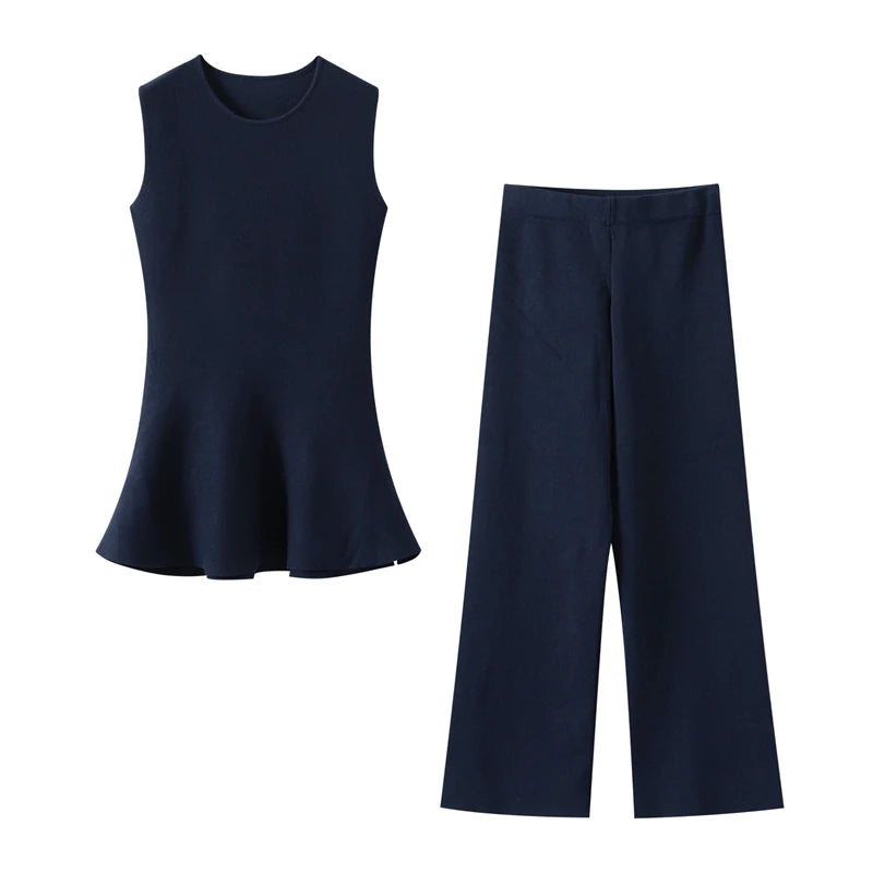 Knit Vest Pants Sets Women Elegant O-neck Slim Ruffles Tank Tops High Waist Flare Pant 2025 Chic All Season Office Lady Outfits