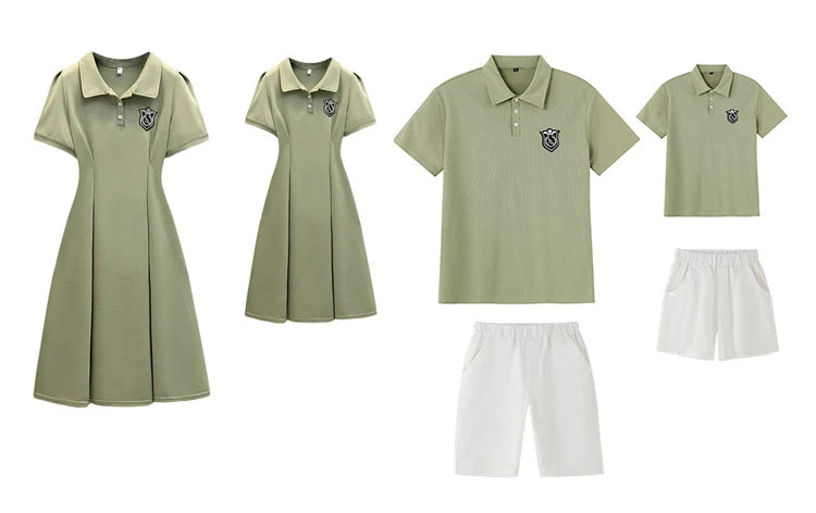 Dad and Son Matching Clothes Polo Shirts Green Mom and Daughter Girls Short Sleeve Couples Dresses 2024 Summer Family Clothing