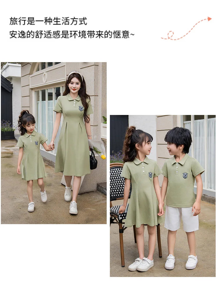 Dad and Son Matching Clothes Polo Shirts Green Mom and Daughter Girls Short Sleeve Couples Dresses 2024 Summer Family Clothing