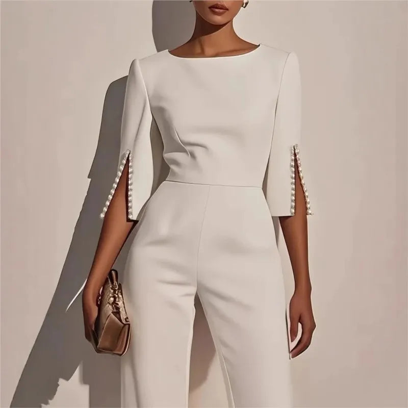 Spring And Summer Solid Color Nail Bead Decoration Slim Fitting Jumpsuit Elegant Womens Seven Quarter Sleeve Round Neck Jumpsuit