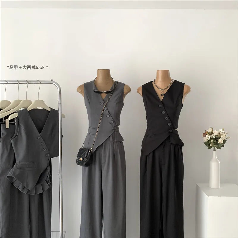Women Vintage Aesthetic Office Lady Old Money Outfits 2 Piece Set Single-breasted Irregular Vest +  Solid Baggy Wide Leg Pants