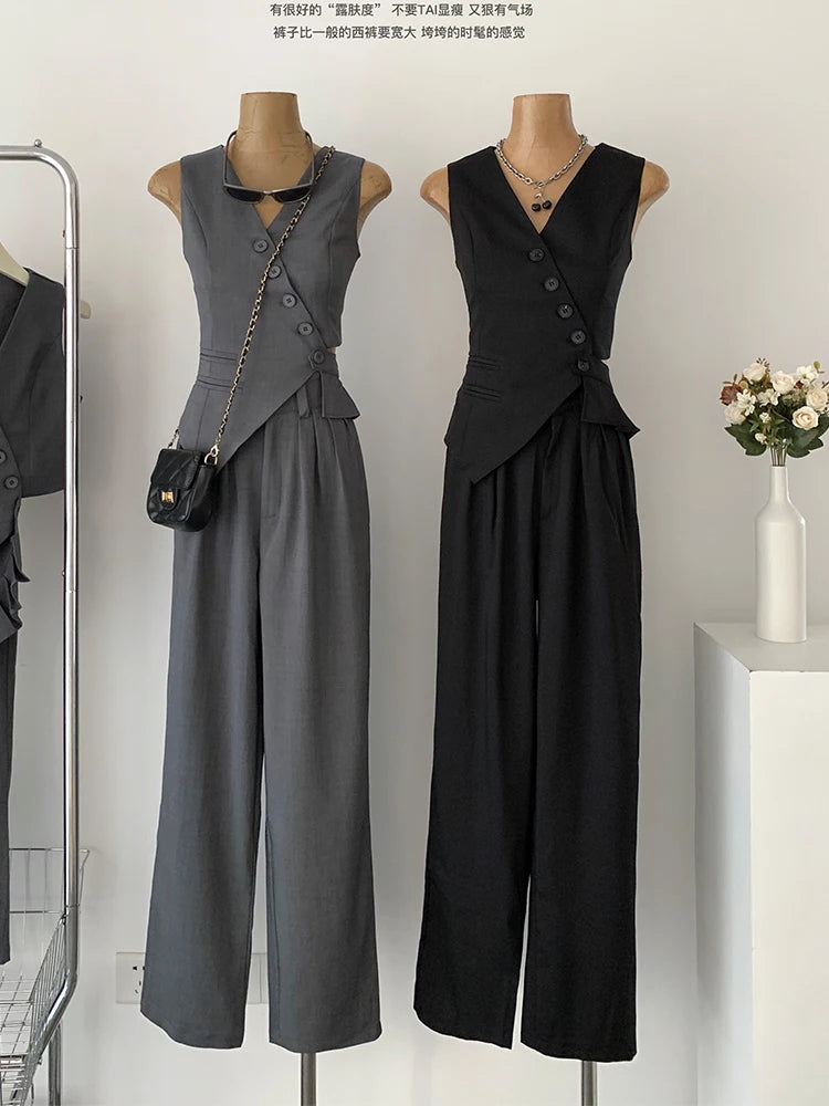 Women Vintage Aesthetic Office Lady Old Money Outfits 2 Piece Set Single-breasted Irregular Vest +  Solid Baggy Wide Leg Pants
