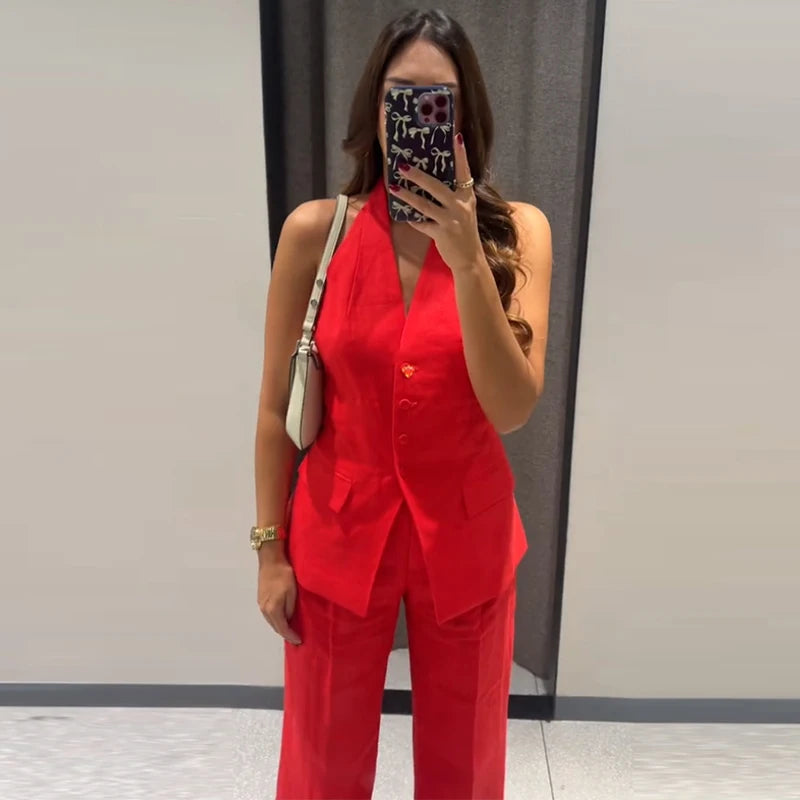 Elegant Halter Vest Pants Sets Women Slim Single Breasted Backless Sleeveless Pleated Wide Leg Pant 2025 Summer Lady Office Suit