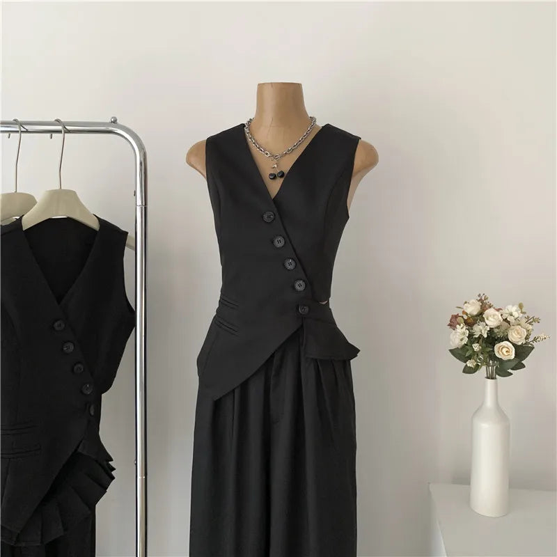 Women Vintage Aesthetic Office Lady Old Money Outfits 2 Piece Set Single-breasted Irregular Vest +  Solid Baggy Wide Leg Pants