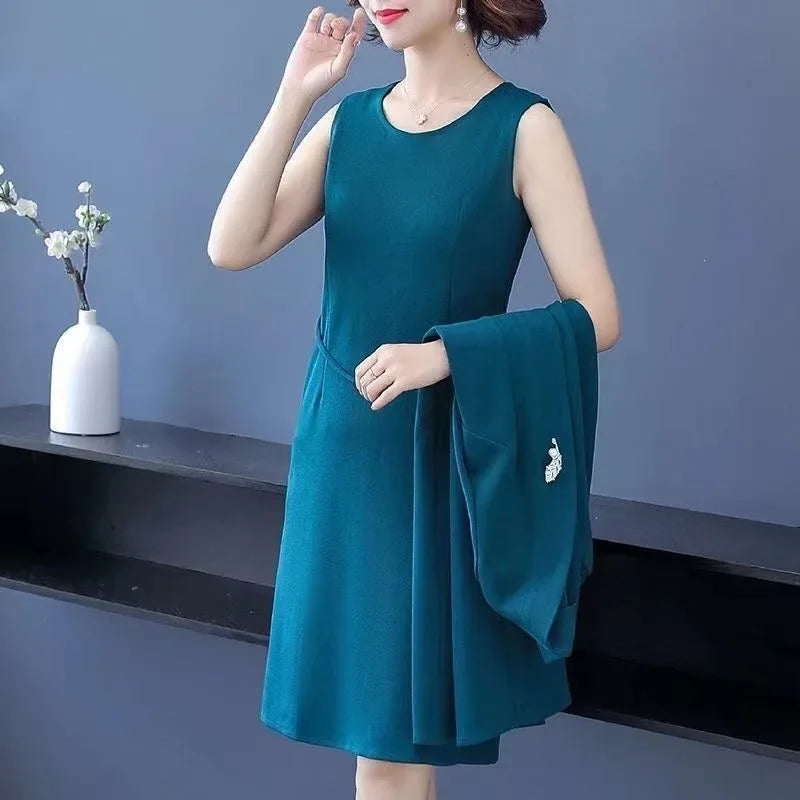 Spring Autumn Two-Piece Set Women's Mid-Aged Mommy Dress Elegant New Style Windbreaker Jacket Female Fashionable Outfit