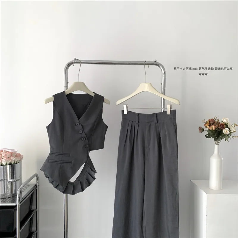 Women Vintage Aesthetic Office Lady Old Money Outfits 2 Piece Set Single-breasted Irregular Vest +  Solid Baggy Wide Leg Pants