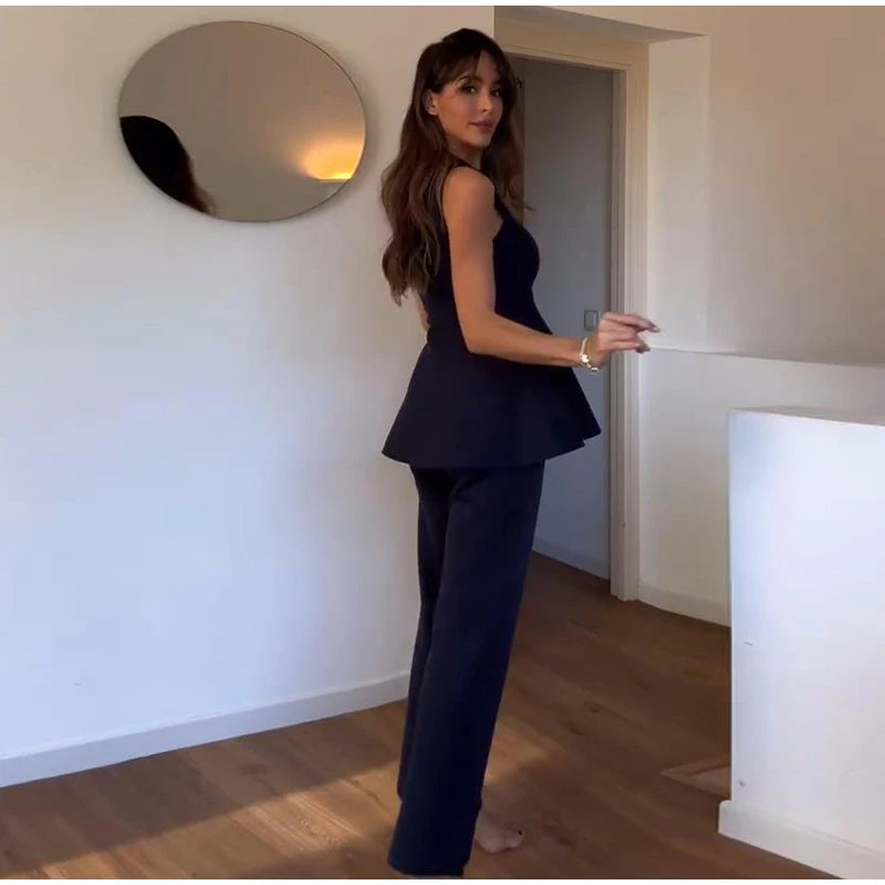 Knit Vest Pants Sets Women Elegant O-neck Slim Ruffles Tank Tops High Waist Flare Pant 2025 Chic All Season Office Lady Outfits