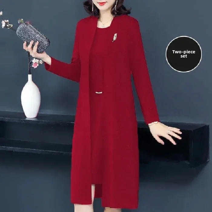 Spring Autumn Two-Piece Set Women's Mid-Aged Mommy Dress Elegant New Style Windbreaker Jacket Female Fashionable Outfit