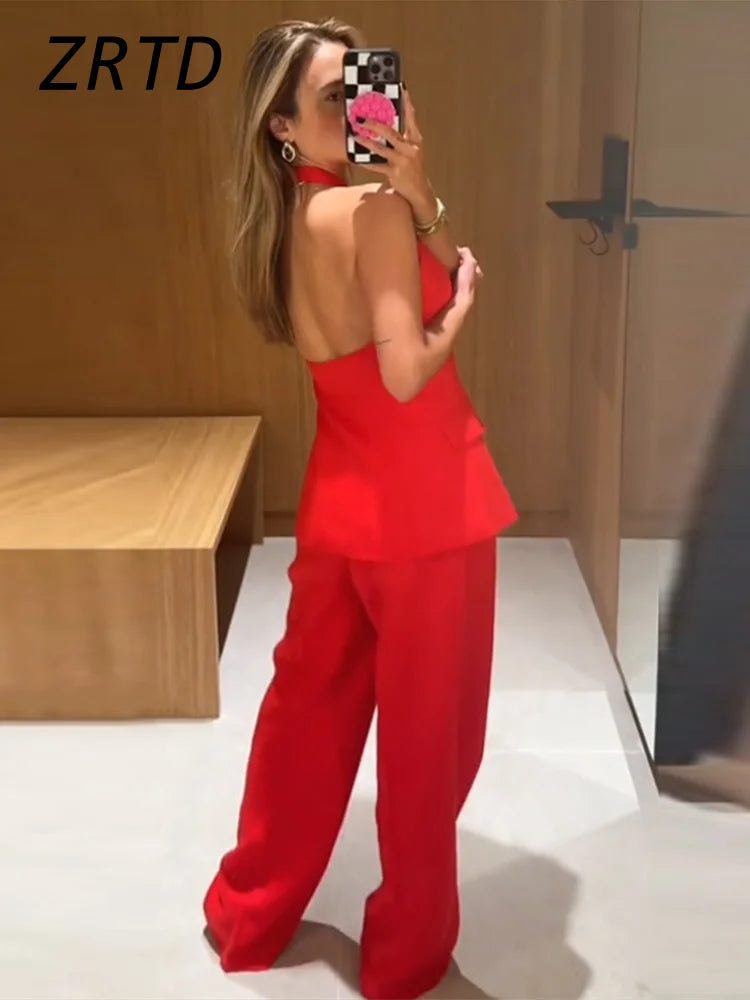 Elegant Halter Vest Pants Sets Women Slim Single Breasted Backless Sleeveless Pleated Wide Leg Pant 2025 Summer Lady Office Suit