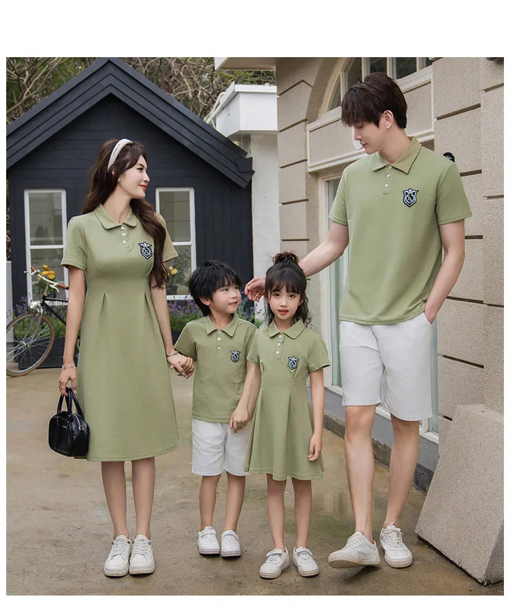 Dad and Son Matching Clothes Polo Shirts Green Mom and Daughter Girls Short Sleeve Couples Dresses 2024 Summer Family Clothing