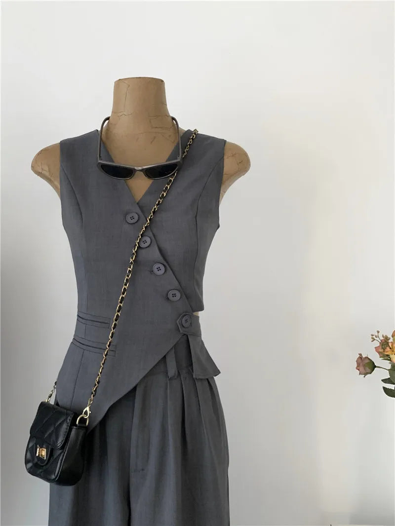Women Vintage Aesthetic Office Lady Old Money Outfits 2 Piece Set Single-breasted Irregular Vest +  Solid Baggy Wide Leg Pants