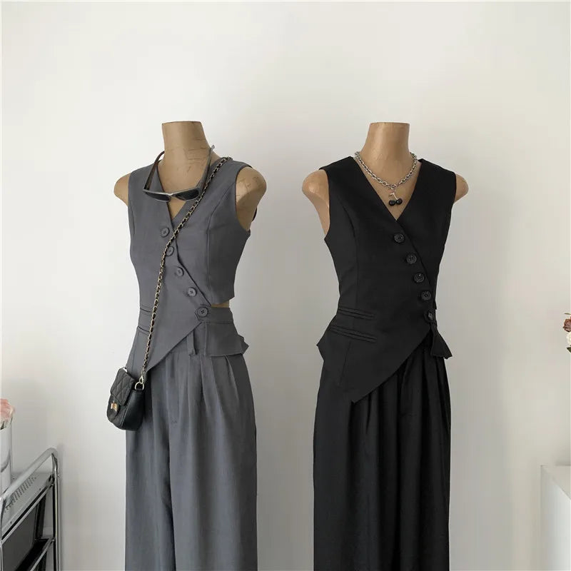 Women Vintage Aesthetic Office Lady Old Money Outfits 2 Piece Set Single-breasted Irregular Vest +  Solid Baggy Wide Leg Pants