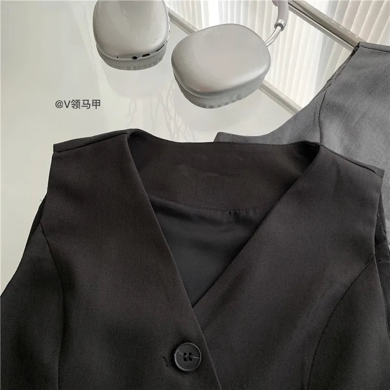 Women Vintage Aesthetic Office Lady Old Money Outfits 2 Piece Set Single-breasted Irregular Vest +  Solid Baggy Wide Leg Pants
