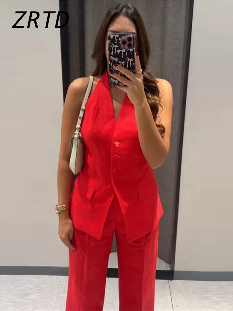 Elegant Halter Vest Pants Sets Women Slim Single Breasted Backless Sleeveless Pleated Wide Leg Pant 2025 Summer Lady Office Suit