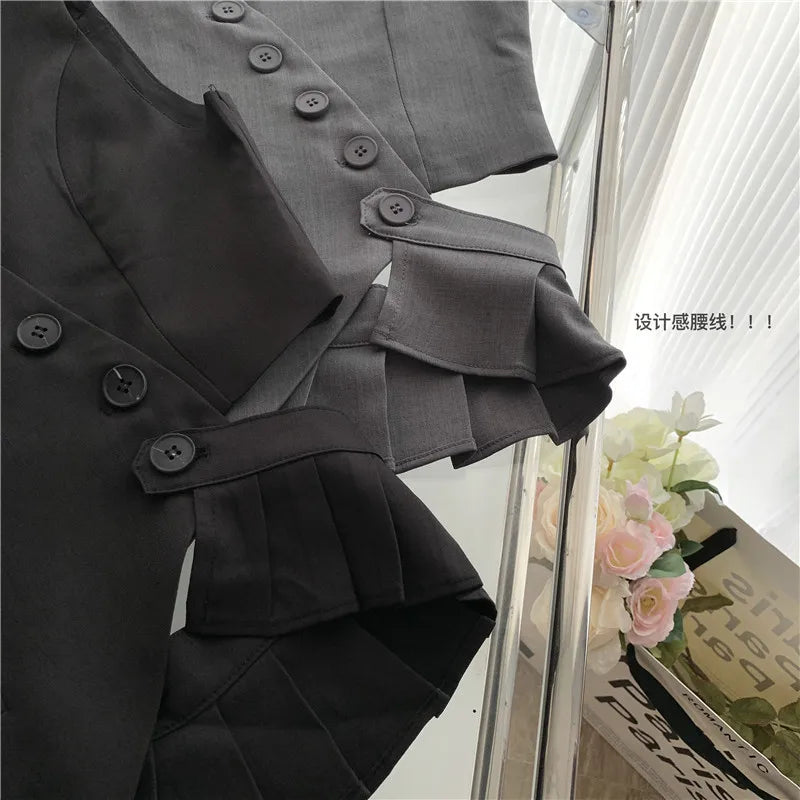 Women Vintage Aesthetic Office Lady Old Money Outfits 2 Piece Set Single-breasted Irregular Vest +  Solid Baggy Wide Leg Pants