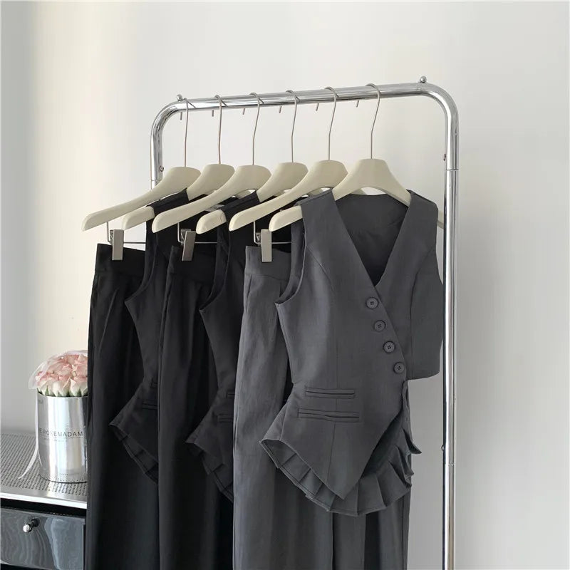 Women Vintage Aesthetic Office Lady Old Money Outfits 2 Piece Set Single-breasted Irregular Vest +  Solid Baggy Wide Leg Pants